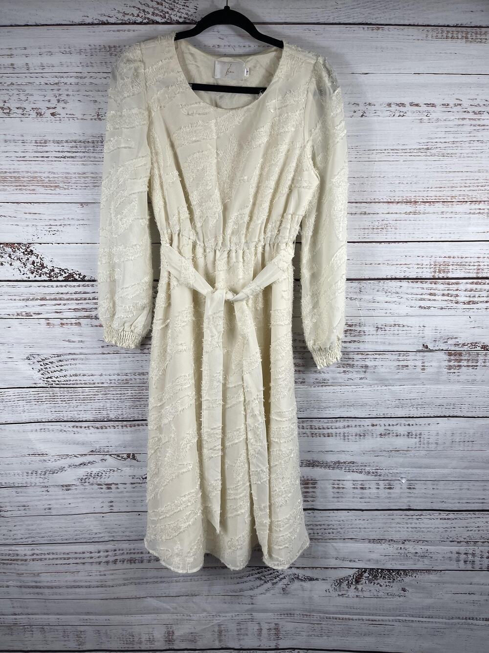 Llane Ivory Textured Dress Size Small Belted Long Sleeve Midi A-Line Scoop Neck